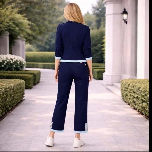 St. John Sport Navy Cotton Jacket & Pants Set Gold Buttons Trim Size M / 10 USA - Picture 11 of 12